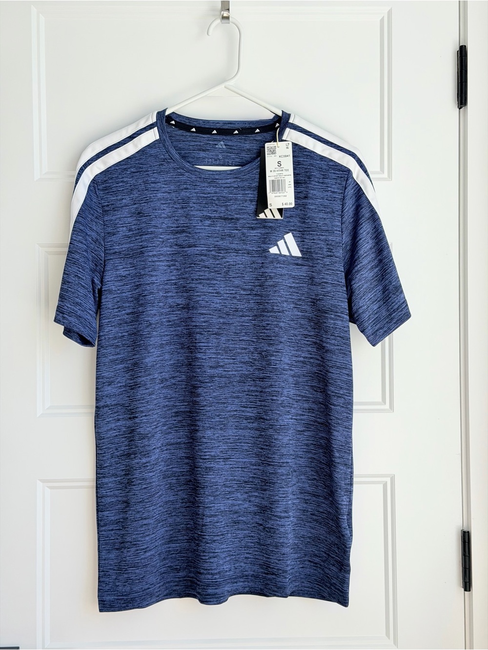 adidas Men's Heather Navy Short Sleeve Performance Tee with White Stripes